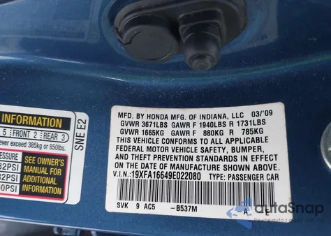 2009 Honda Civic Lx-S z USA, uszkodzony, nr VIN 19XFA16649E022080